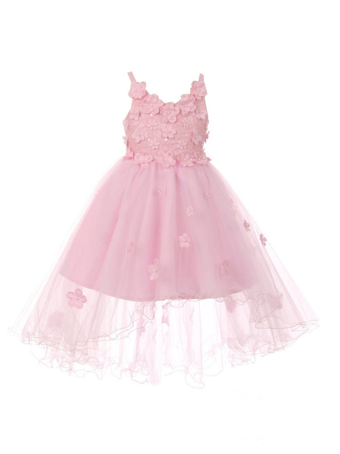Big Girls Pink 3D Floral Appliques Satin Tulle Junior Bridesmaid Dress 8-12 - SophiasStyle.com